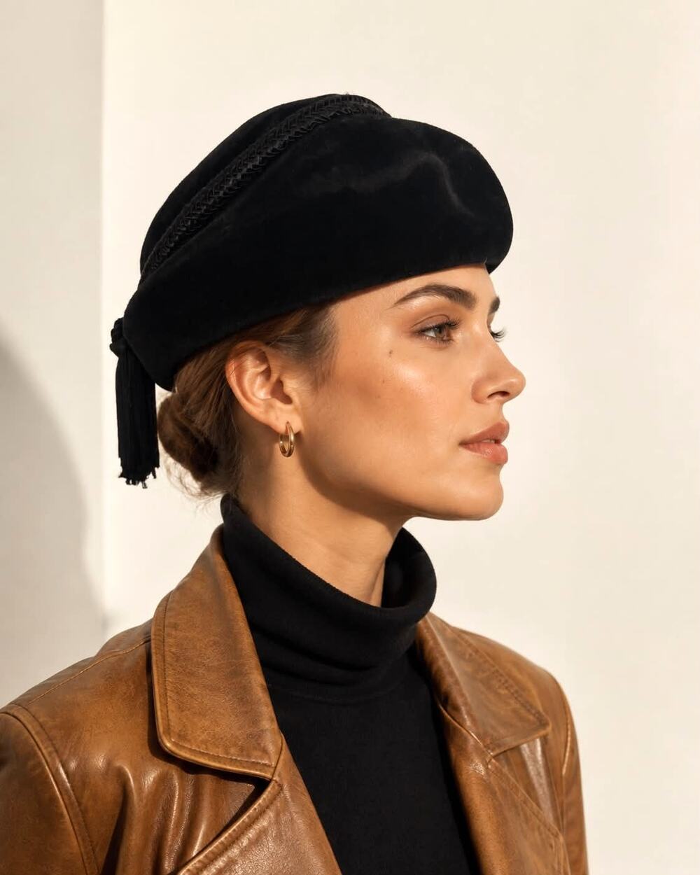 Vintage 60s Jan Leslie Black Velvet Toque Hat Tassels Battelsteins Houston Italy
